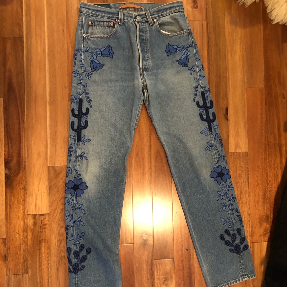 Levi's Light Blue Denim Straight Leg Jeans with Blue Floral Embroidery